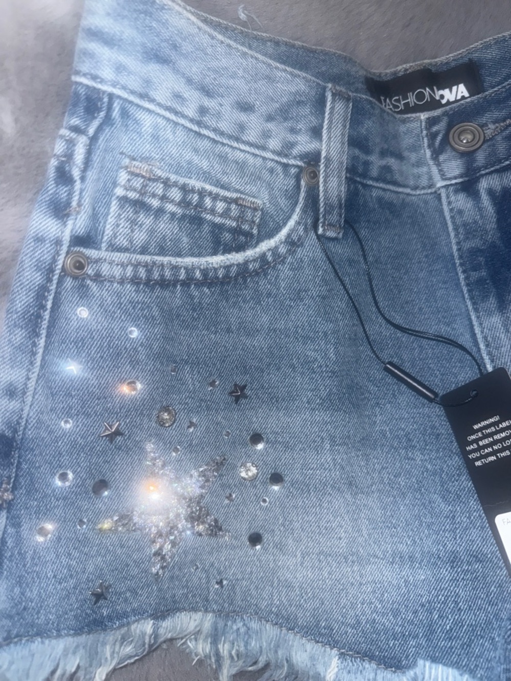 Fashion Nova Light Blue Star-Embellished Denim Shorts - Picture 4 of 9